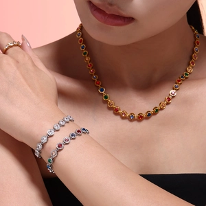Luxurious titanium steel necklace and bracelet set with colorful zircon gemstones