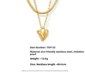 Detail of gold-plated stainless steel double-layer necklace with heart pearl and dimensions