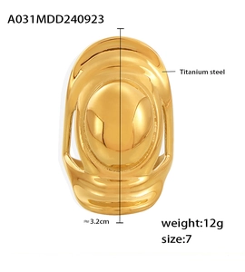 Macro view of gold plated titanium steel oval ring showing 3.2cm height and mirror finish