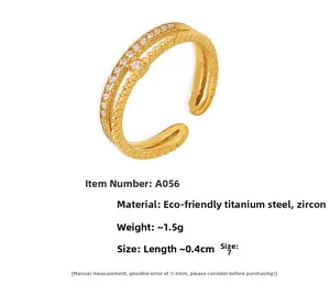 Detail view of double-layer adjustable ring in 18k gold-plated steel with cubic zirconia