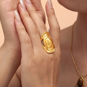 Oval Statement Ring Titanium Steel Gold Plated Liquid Metal Style Exaggerated Geometric Large High Polish Mirror Finish