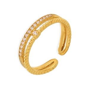 Double-layered 18k gold-plated open ring with sparkling 3A zircons and vertical beads