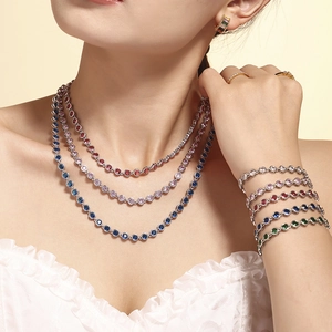 Bohemian multilayer colorful zircon necklace and bracelet set in PVD 18K gold plating