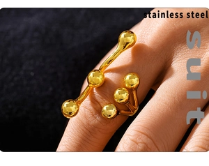 Macro view of 18K gold plated stainless steel multi-ball ring on fingers