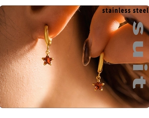 Detailed close-up of a gold stainless steel star earring with a sparkling red zircon stone