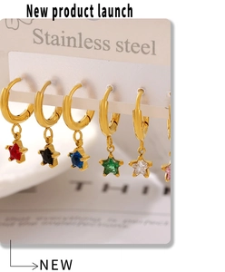Close-up of 18K gold plated stainless steel star earrings with colorful glass stones