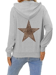 Back view of gray oversized hoodie with large leopard print star on knit cotton fabric