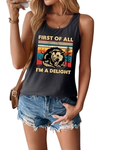 Detailed view of women black ribbed tank top with funny opossum print and colorful stripes