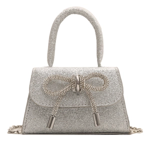 Mini silver glitter handbag with elegant rhinestone bow and metal chain strap for women