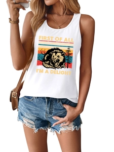 Close-up of white tank top featuring a retro rainbow and shouting opossum graphic design