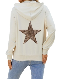 Back view of cream hoodie featuring large leopard print star on soft knit fabric