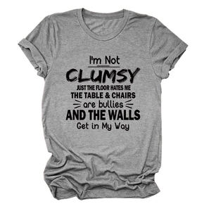 Close-up of funny quote print on soft grey crew neck short sleeve cotton T-shirt