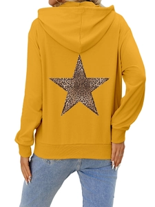 Back view of yellow oversized hoodie featuring a leopard print star on the soft cotton fabric