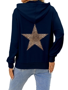 Detail of navy blue hoodie featuring a leopard print star pattern on the back view