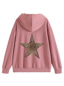 Pink hoodie featuring a leopard print star patch on the back with ribbed cuffs