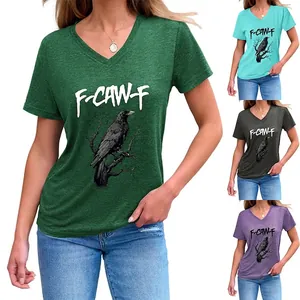 Maglietta da Donna con Scollo a V Manica Corta Casual in Misto Cotone Top con Stampa Grafica di Corvo Lettera Artistica