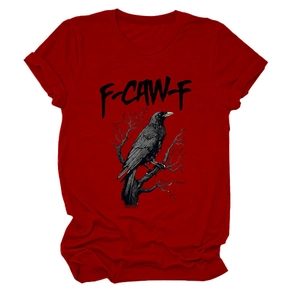 Detail of dark red T-shirt featuring a black eagle print and F-CAW-F graphic lettering