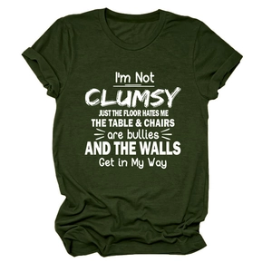 Detail of white artistic typography print on olive green cotton crew neck T-shirt