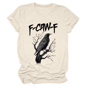 Detailed view of Raven and withered branches print on a cream crewneck T-shirt