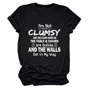 Detail of white humorous slogan print on black cotton crew neck short sleeve T-shirt