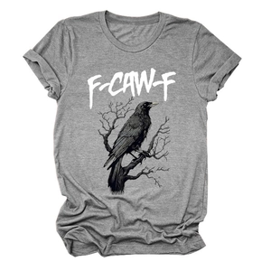Close-up of the black eagle print and F-CAW-F lettering on a grey cotton t-shirt