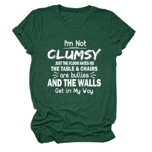 Detail of the crew neck and heather dark green knit fabric with white graphic text print