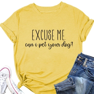 Close-up of Excuse Me slogan print on yellow short sleeve cotton t-shirt with crew neck
