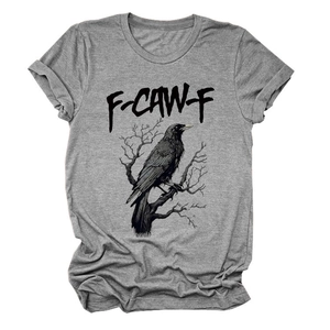 Close-up of the detailed crow graphic and F-CAW-F lettering on the heather grey t-shirt