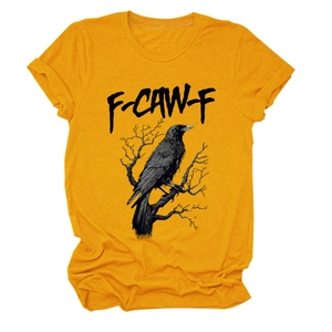 Detail view of cotton t-shirt collar with black eagle print on mustard yellow fabric