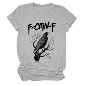 Detail of gray cotton t-shirt with raven print on branch and F-CAW-F graphic text