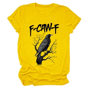 Detailed close-up of yellow t-shirt with crow print and F-CAW-F art lettering