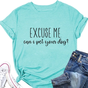 Flat lay of mint green cotton t-shirt with Excuse me can i pet your dog text design