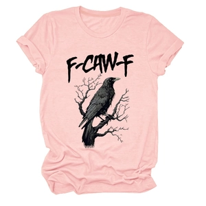 Detail of pink cotton t-shirt featuring a black eagle print and F-CAW-F graphic text