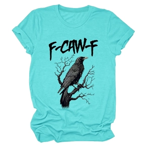 Close-up of artistic crow print and F-CAW-F lettering on teal cotton short sleeve T-shirt
