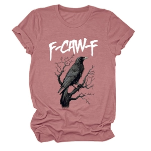 Detail of raven graphic print on dusty rose crew neck t-shirt with ribbed neckline