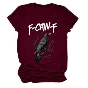 Detail of burgundy T-shirt fabric featuring a crow and F-CAW-F graphic print
