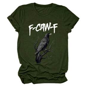 Detail of rolled sleeves and eagle print on olive green cotton crew neck t-shirt