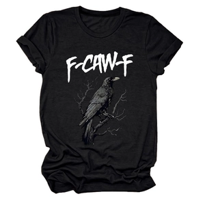 Close-up of the vintage eagle crow print and F-CAW-F text on a black cotton t-shirt