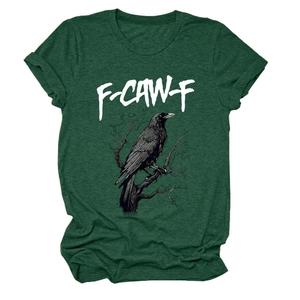Detail of dark green cotton T-shirt featuring a raven print and F-CAW-F graphic art
