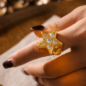 Anillo Abierto de Acero Inoxidable de Titanio con Estrella y Zircón para Mujer Lujo Vintage Ajustable Oro Plata Joyería
