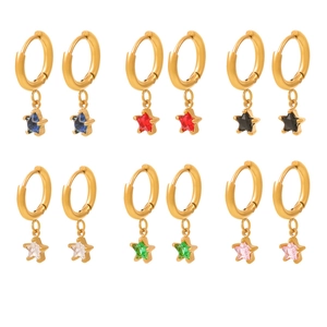 Set of six 18K gold plated stainless steel star drop earrings with colorful gemstones