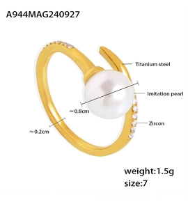 Detailed size specifications for open pearl ring with zirconia and titanium steel