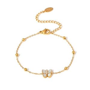 Goldenes Schmetterling Armband mit Muscheleinlage und Zirkonia auf Edelstahlkette