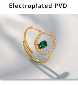 Detail of PVD gold plated ring with emerald green gemstone and cubic zirconia halo
