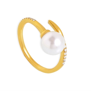 Elegant gold open ring featuring a lustrous white pearl and micro-pave zircon accents