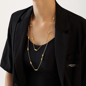 Long Double Layer Sweater Chain Necklace Stainless Steel Oval Bean Metal Bead Minimalist Fashion Jewelry Women