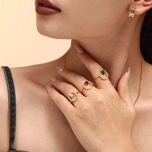 Luxury geometric gold plated jewelry set featuring zircon rings, earrings and necklace