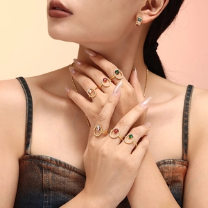 Luxury gold plated stainless steel jewelry set with colorful zircon rings and earrings