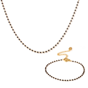 Ensemble collier et bracelet dorés minimalistes avec perles noires et fermoir mousqueton