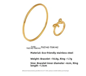 Set anello con fiocco e bracciale in acciaio inossidabile dorato con specifiche misure